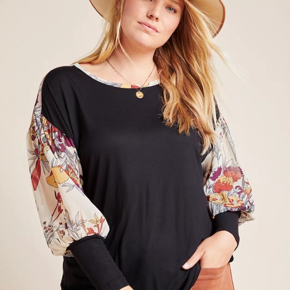 ANTHROPOLOGIE TINY Blouse Floral Bishop Sleeves Colorblock Womens Size Small